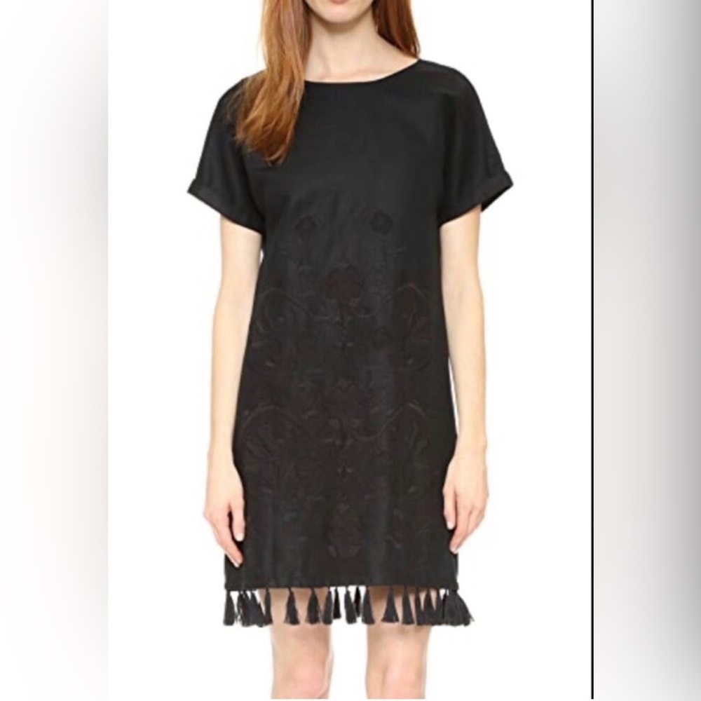 Madewell black embroidered shift dress with fringe tassel. Size S